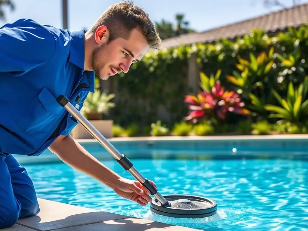 A technician cleaning a sparkling blue pool with a net and vacuum.