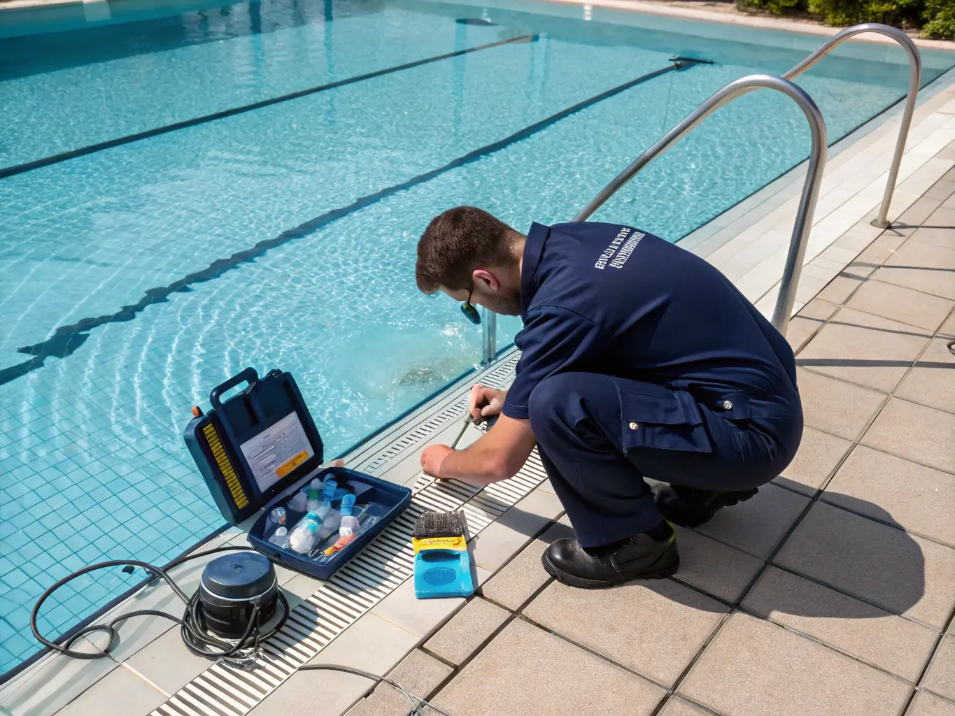 A technician checking pool equipment and water levels.