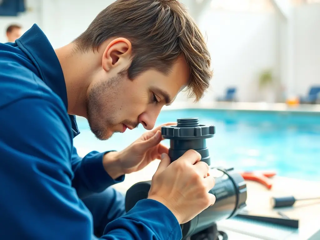 A technician repairing a pool pump with tools in a sunny backyard.