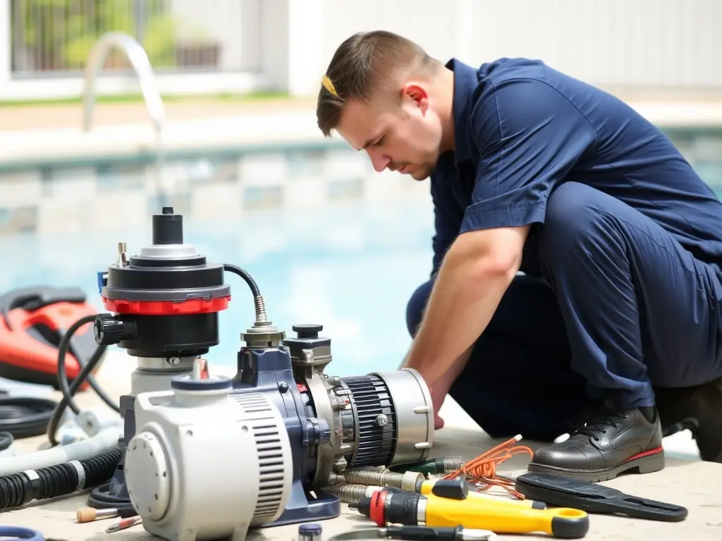 A skilled technician repairing a pool pump in a sunny backyard.