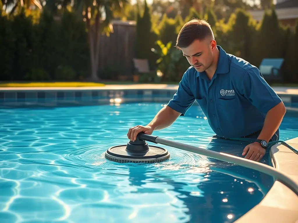 A pool technician cleaning a residential pool with a skimmer net.